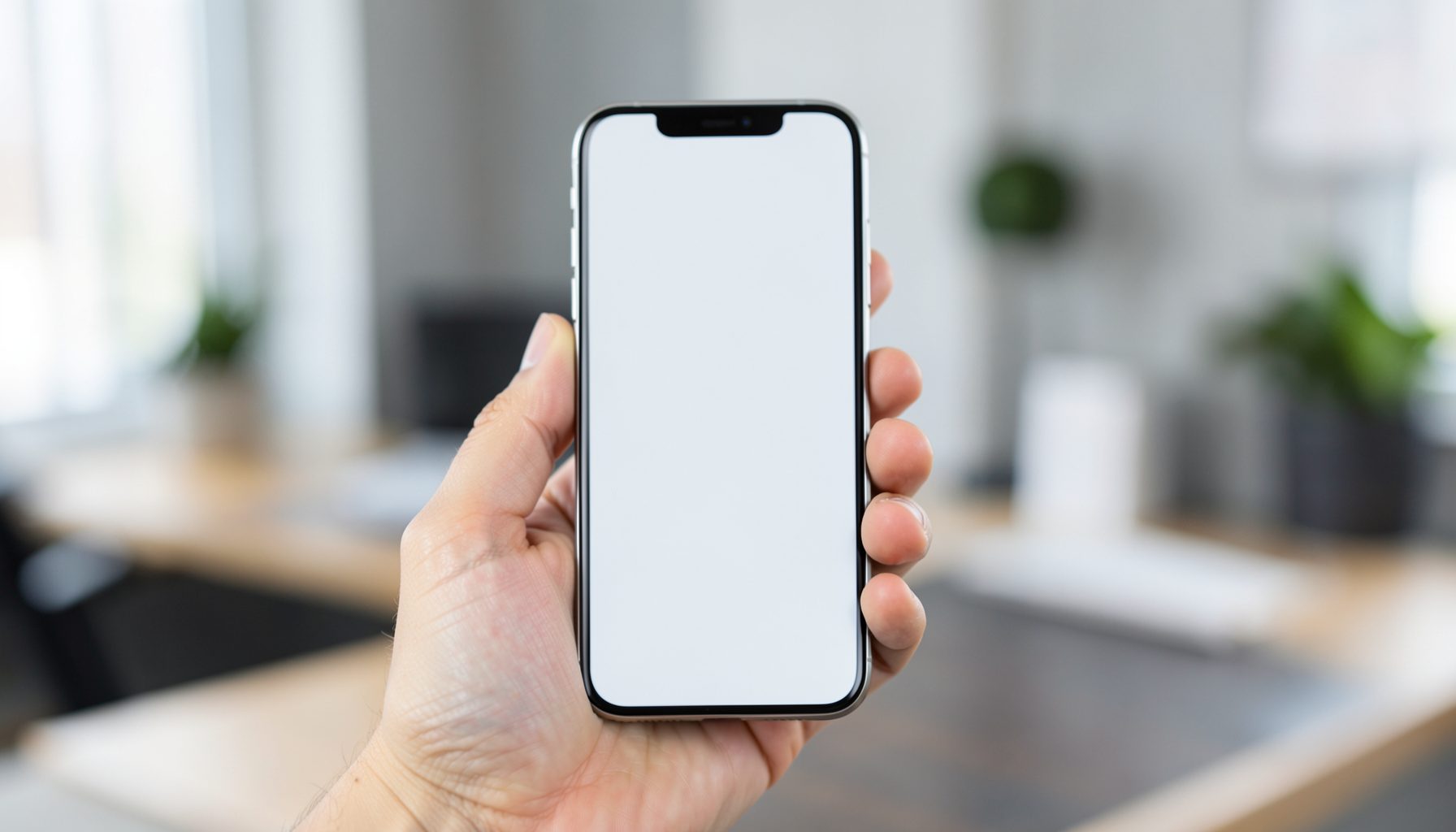 Smartphone blanc aux bords fins tenu en main, fond flou de bureau moderne