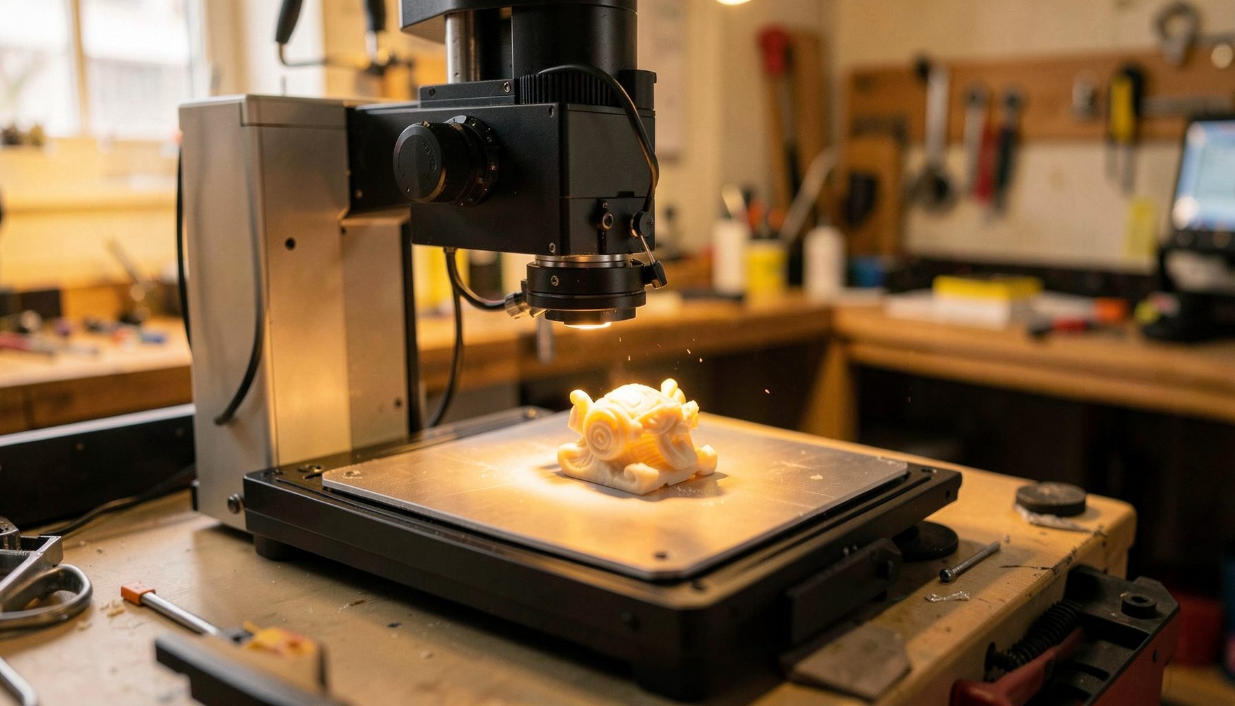 Imprimante 3D en fonctionnement, objet en cours d'impression visible sur le plateau, éclairage d'atelier chaleureux