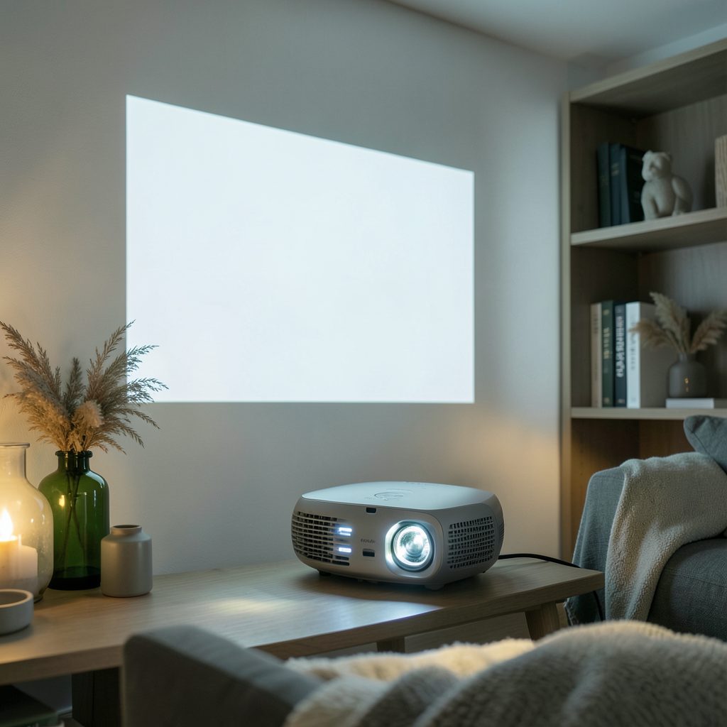 Un vidéoprojecteur compact projetant une image nette sur un mur blanc dans une pièce tamisée, ambiance cosy, tons vert bouteille