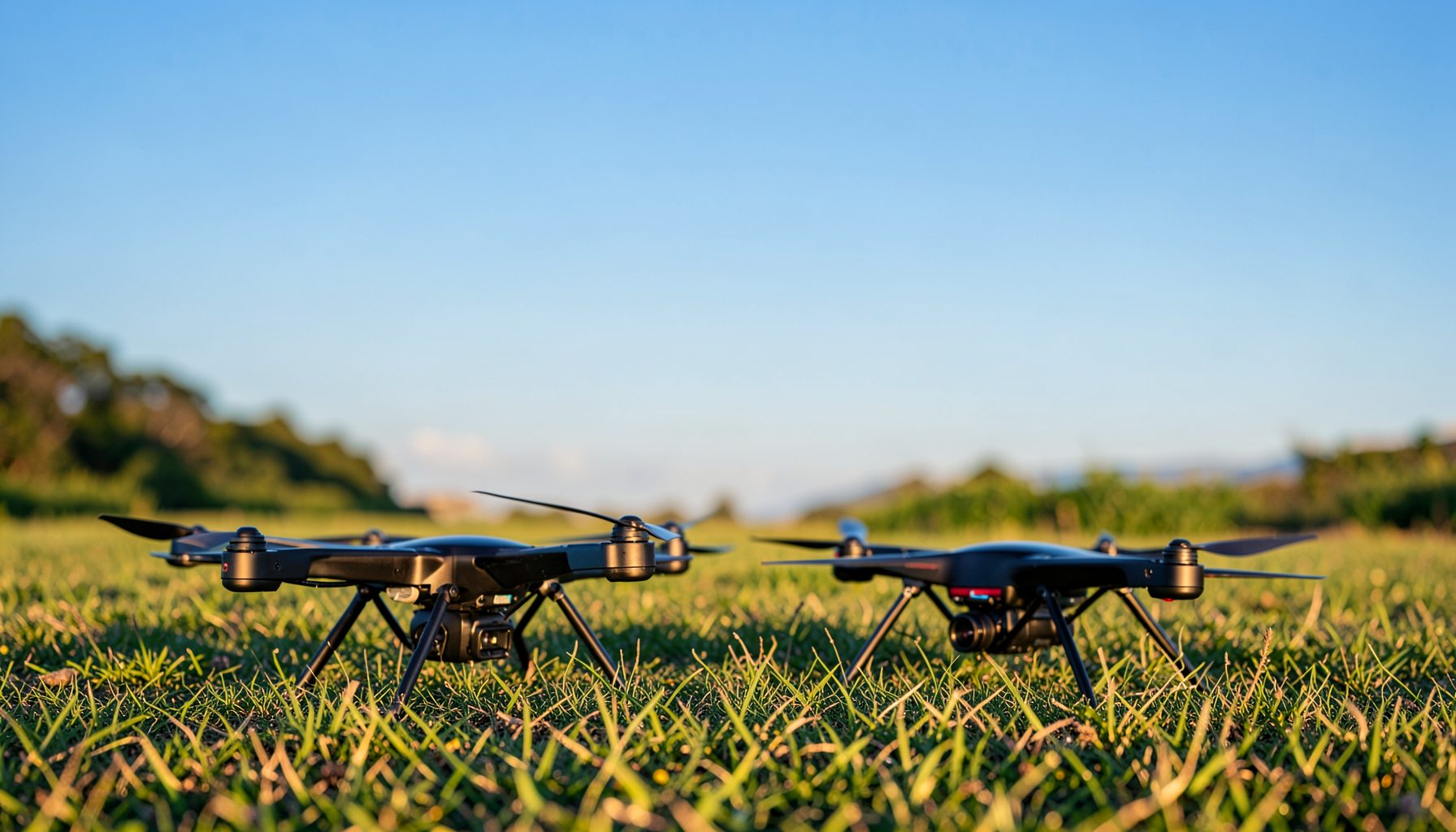 Deux drones posés sur l'herbe, ciel bleu en arrière-plan, hélices déployées, lumière de fin d'après-midi