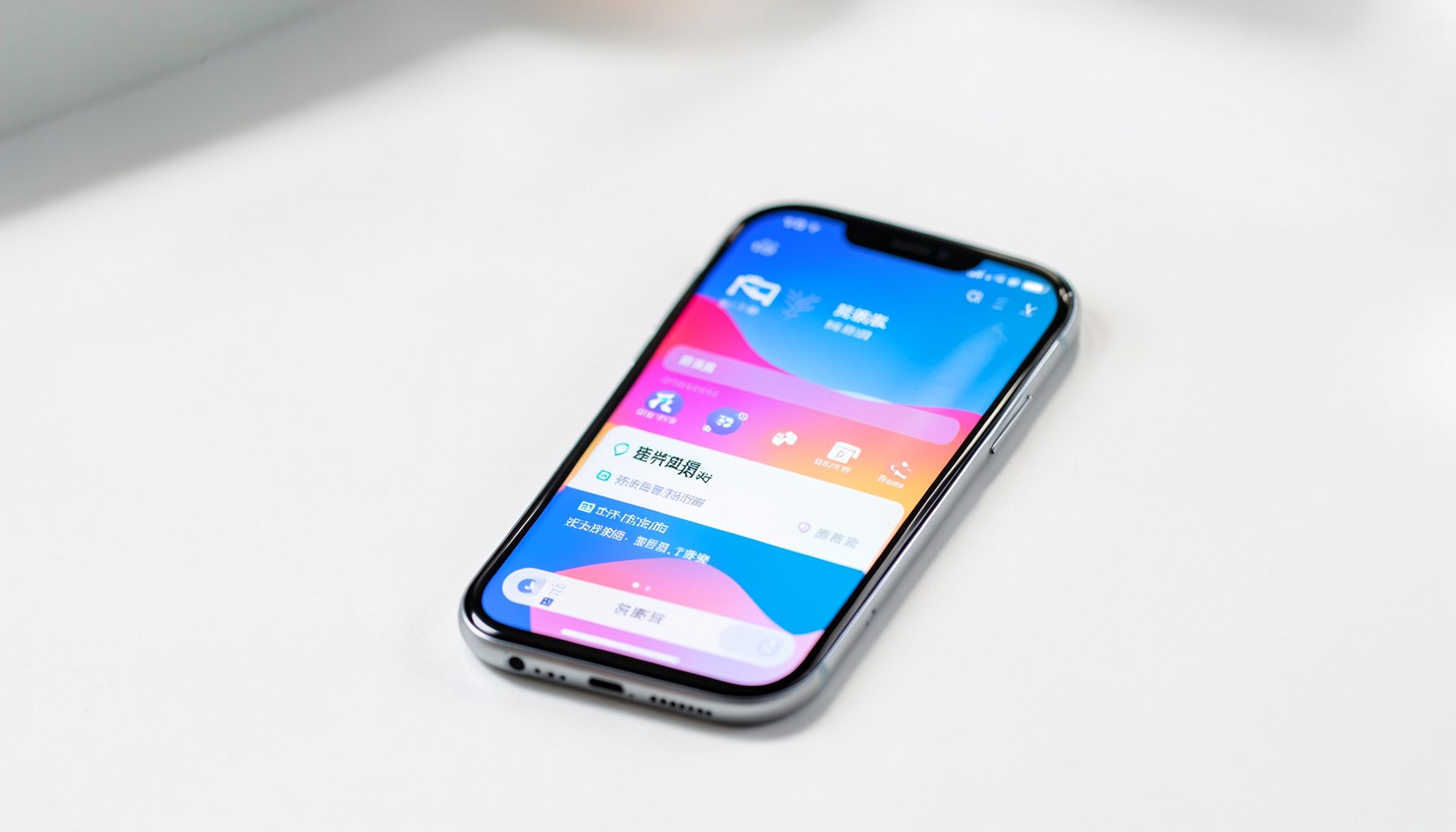 Smartphone chinois posé sur une surface claire, écran allumé affichant une interface colorée, ambiance lumineuse et moderne