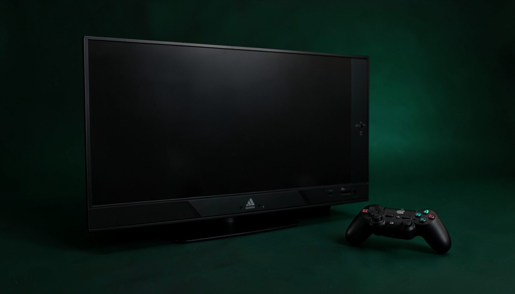 Boîtier TV noir élégant avec manette de jeu posée à côté, fond sombre aux nuances vertes