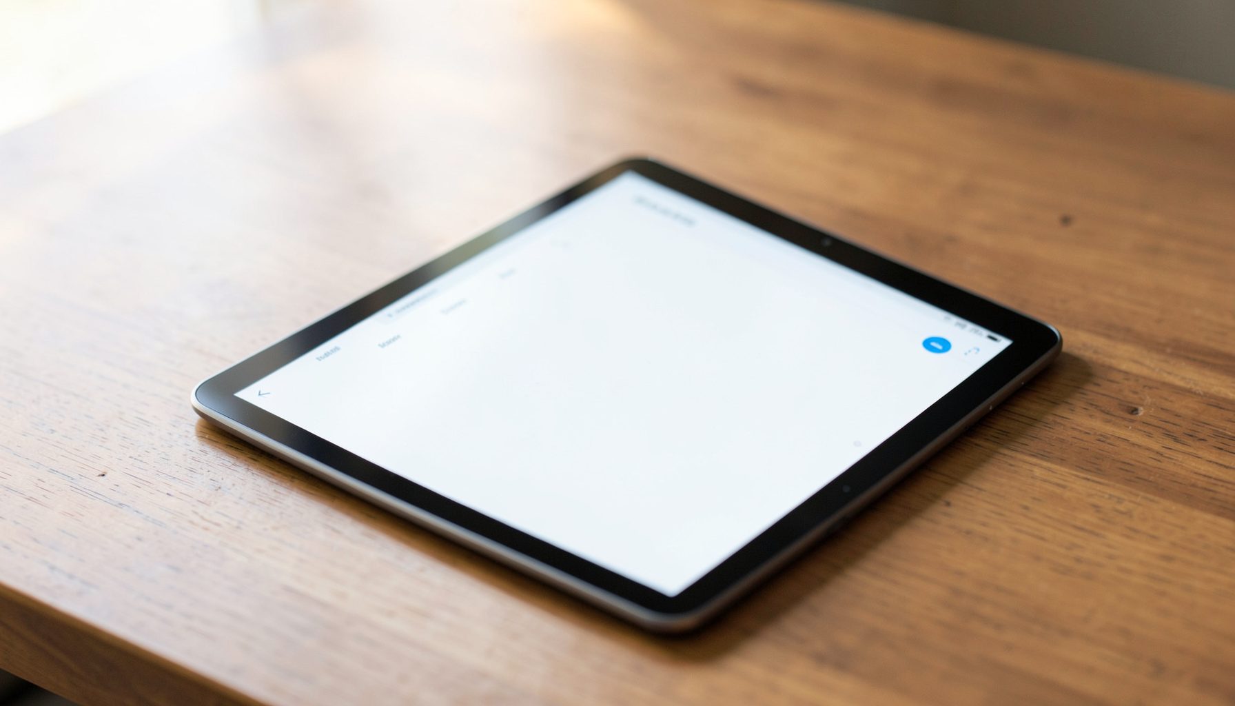 Tablette tactile posée sur un bureau en bois, écran affichant une interface épurée, lumière naturelle douce