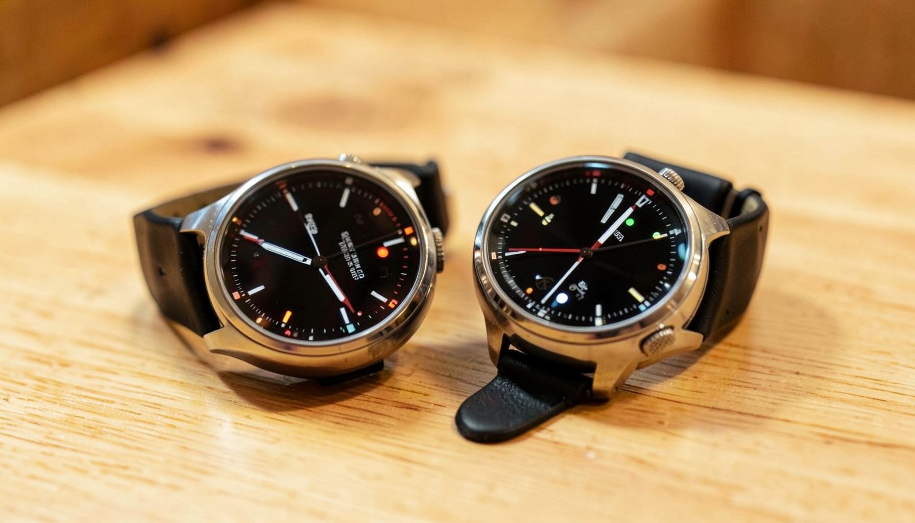 Deux montres connectées posées sur une table en bois clair, cadrans allumés, ambiance chaleureuse