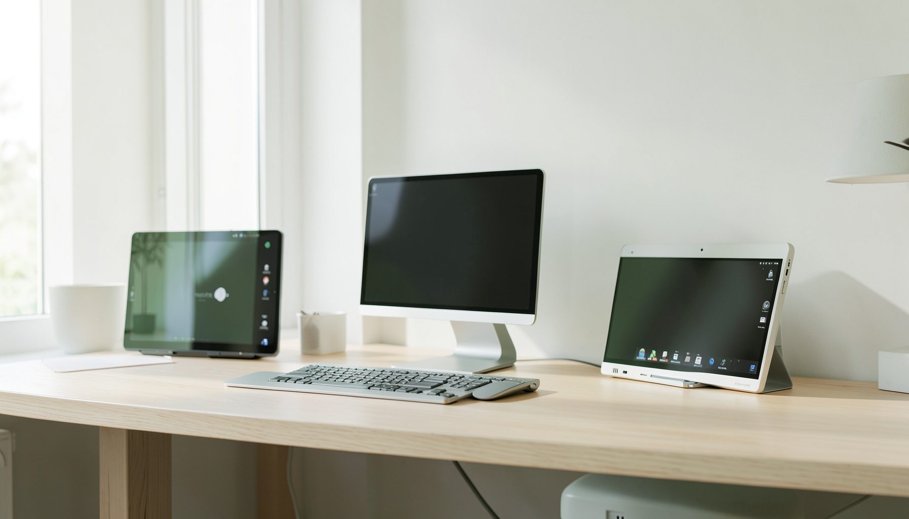 Un espace de travail moderne et épuré avec des appareils électroniques disposés harmonieusement, éclairé par une lumière naturelle douce