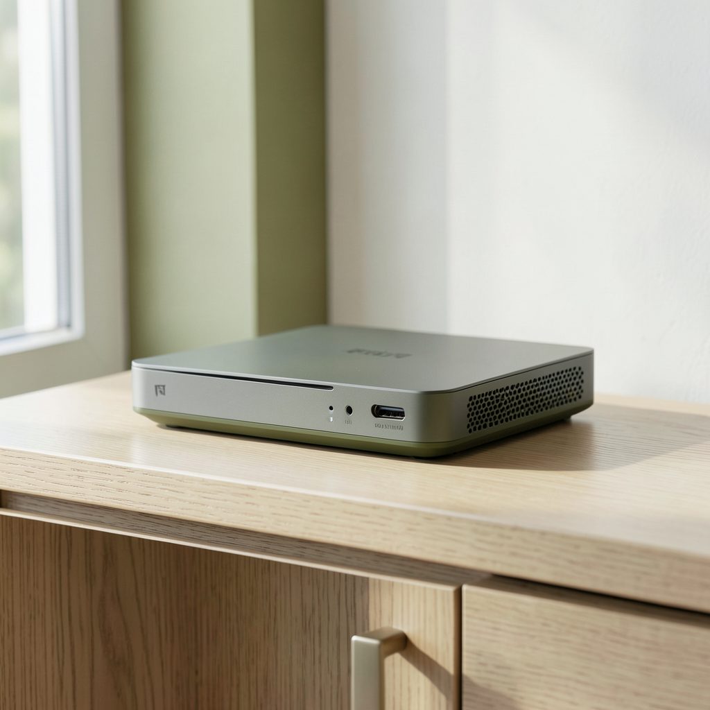 Une TV Box compacte posée sur un meuble en bois clair, éclairée par une lumière naturelle tamisée, dans des tons vert olive
