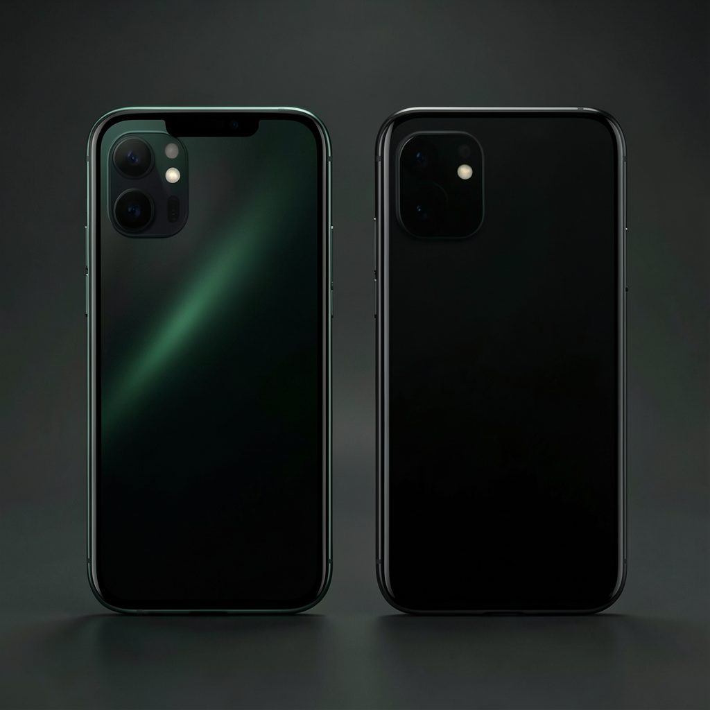 Smartphone noir élégant vu de face et de dos, tons sombres avec reflets verts, fond épuré
