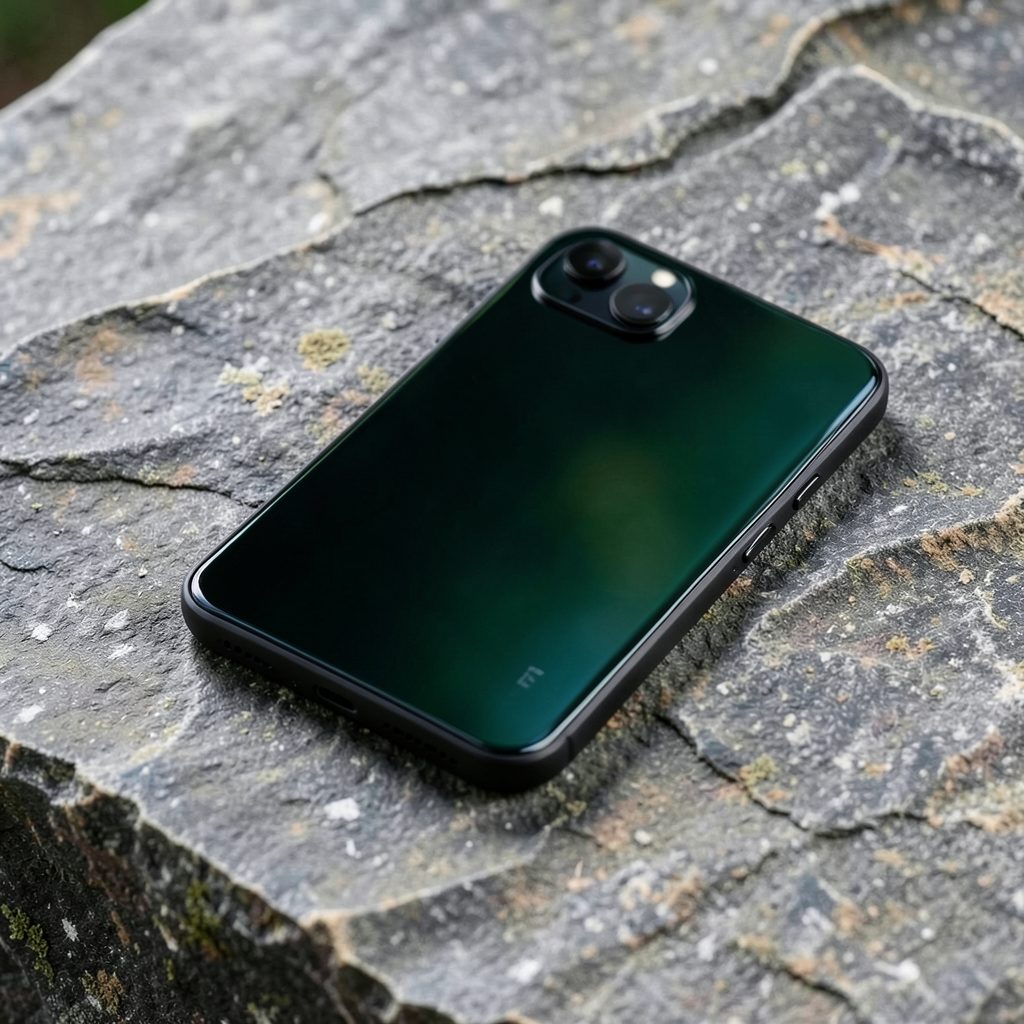 Un smartphone au design moderne posé sur une surface en pierre naturelle, avec un reflet subtil, dans des tons noir profond