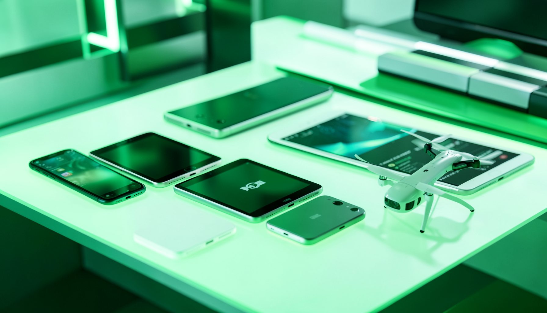 Plusieurs smartphones, une tablette et un drone compact disposés sur une table lumineuse, baignés d'une ambiance verte et noire élégante